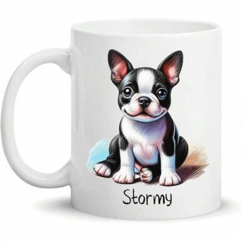 Tailorly White Ceramic 11 oz Mug - Stormy Adorable Black And White Sitting Puppy With Large Ears And Cheerful Expression Boston Terrier