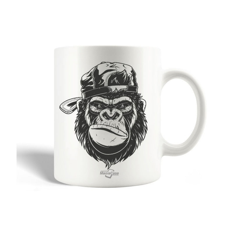 Tailorly White Ceramic 11 oz Mug - Grumpy Ape Wearing A Backward Baseball Cap In Monochrome Street Style Gorilla