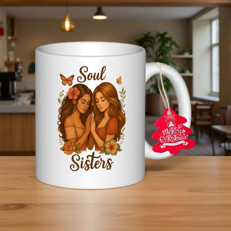 Tailorly White Ceramic 11 oz Mug - Soul Sisters Two Graceful Women Surrounded By Blooming Flowers And Elegant Flying Butterflies Illustration