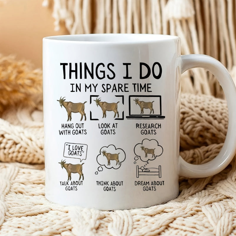 Tailorly White Ceramic 11 oz Mug - Things I Do In My Spare Time Six Funny Cartoon Goats Engaged In Various Silly Daily Routine Activities Goat