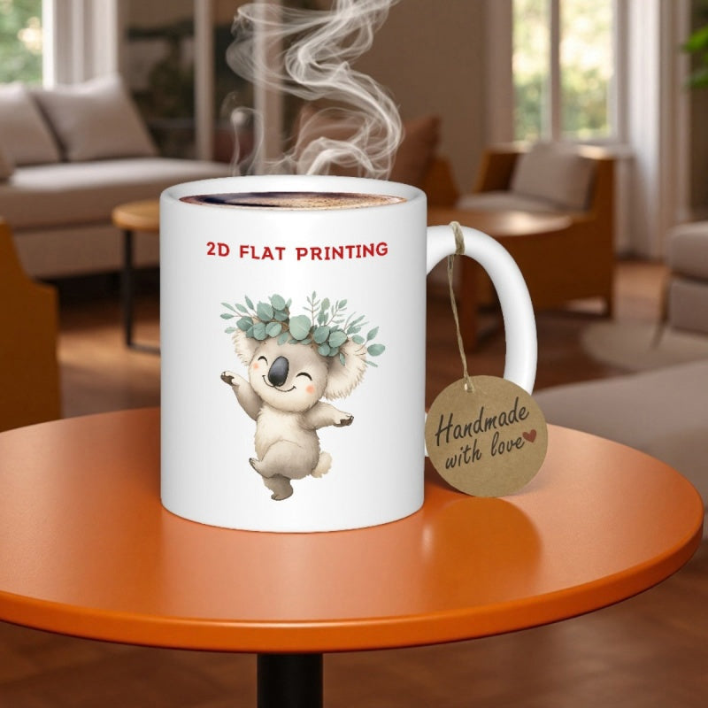 Tailorly White Ceramic 11 oz Mug - 2D Flat Printing Adorable Dancing Little Creature Wearing Green Leaves Floral Crown Koala