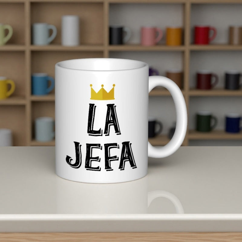 Tailorly White Ceramic 11 oz Mug - Elegant Golden Yellow Three Pointed Crown Floating Above Bold Minimalist Lettering Mug