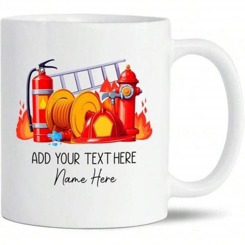 Tailorly White Ceramic 11 oz Mug - Add Your Text Here Name Here Professional Red Firefighting Tools Arranged Beside A Fire Hydrant Equipment