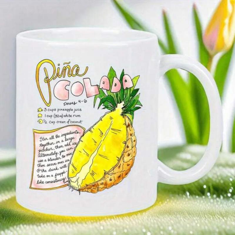 Tailorly White Ceramic 11 oz Mug - Pina Colada Artistic Hand Drawn Yellow Slice With Green Leaves And Recipe Pineapple
