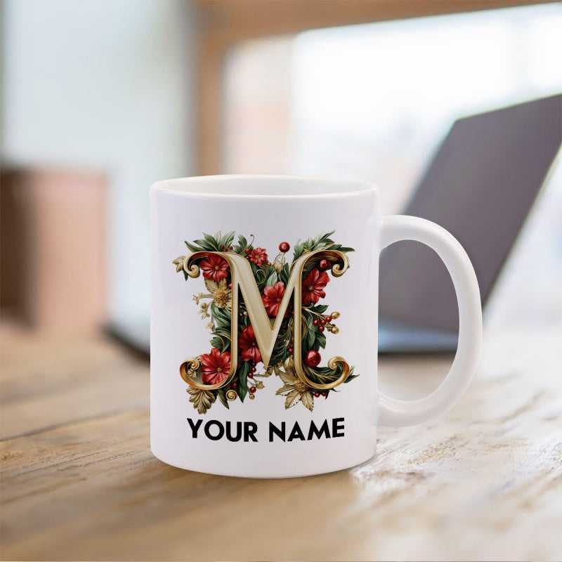 Tailorly White Ceramic 11 oz Mug - Your Name Ornate Golden Letter M Surrounded By Elegant Red Roses And Leaves Letter
