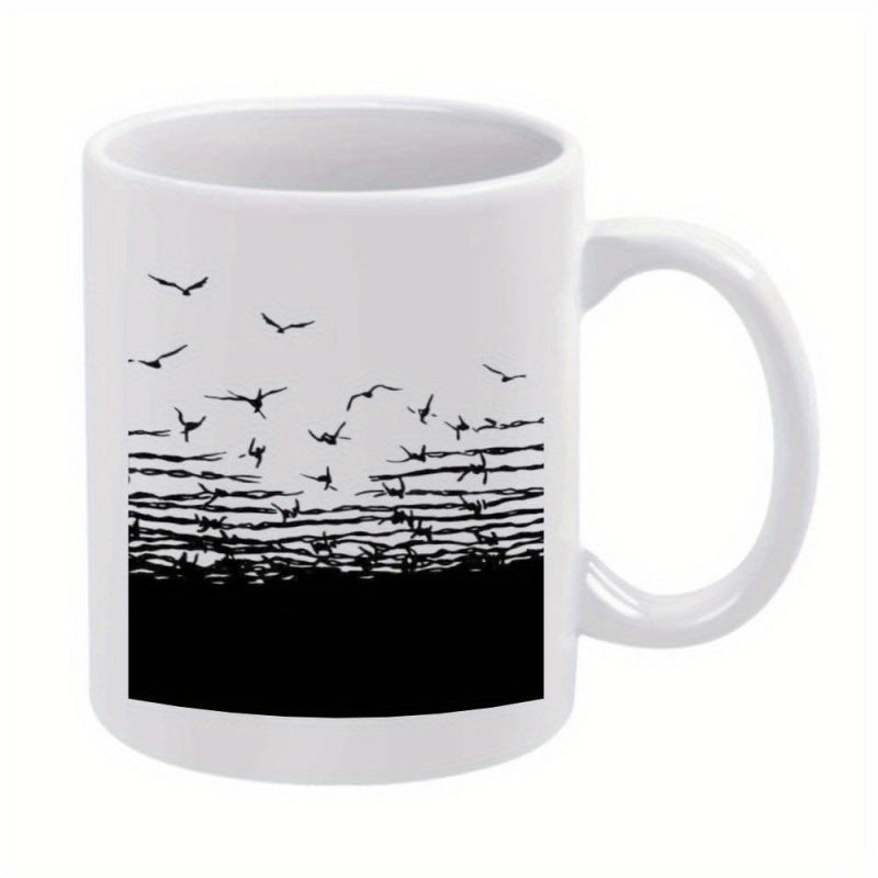 Tailorly White Ceramic 11 oz Mug - Minimalist Black Ink Birds Flying Above Dark Horizon Silhouette Bird