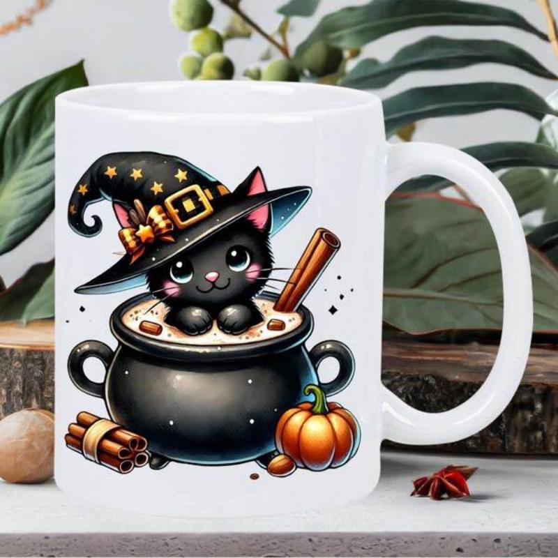 Tailorly White Ceramic 11 oz Mug - Adorable Black Witch Cat Sitting Inside A Steaming Magical Cauldron With Pumpkin Cat