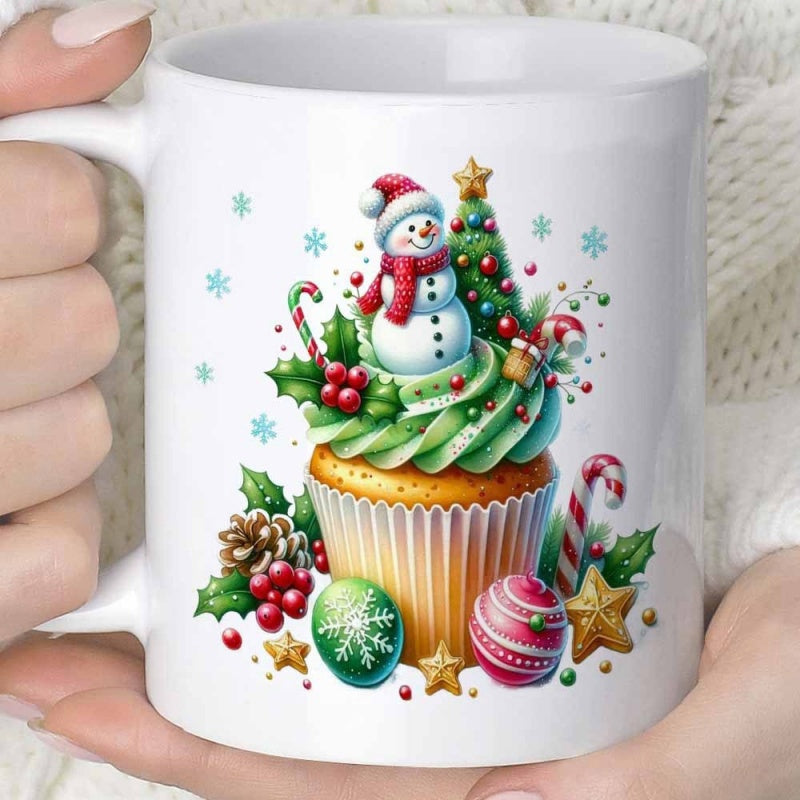 Tailorly White Ceramic 11 oz Mug - Festive Christmas Treats With Snowman And Tree Atop Sweet Holiday Cupcake