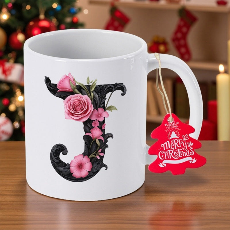 Tailorly White Ceramic 11 oz Mug - Merry Christmas Ornate Black Artistic Initial Decorated With Beautiful Pink Blooming Floral Roses Letter