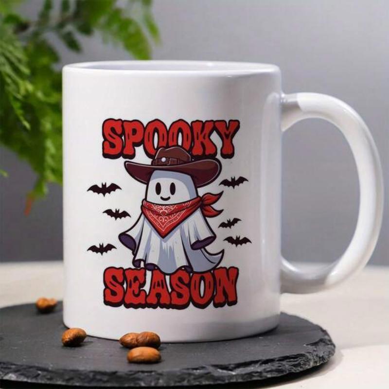 Tailorly White Ceramic 11 oz Mug - Spooky Season Cute Little Cowboy Ghost Wearing Western Hat And Red Bandana Among Bats Ghost
