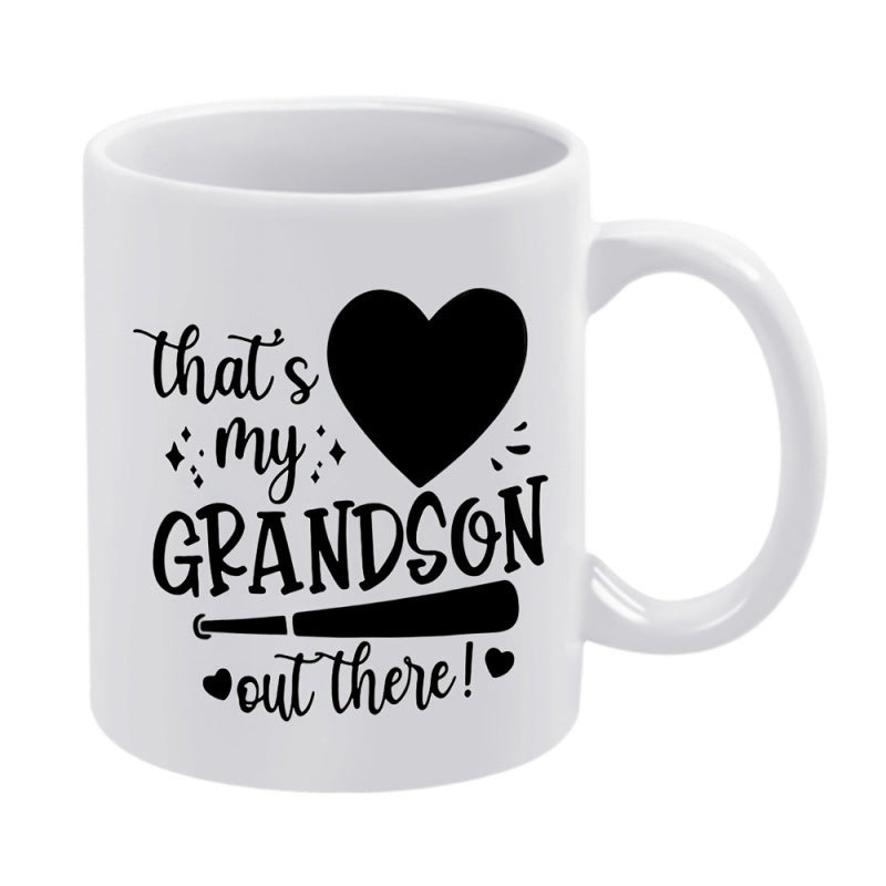 Tailorly White Ceramic 11 oz Mug - Thats My Grandson Out There Solid Black Heart Floating Over A Classic Silhouette Baseball Bat