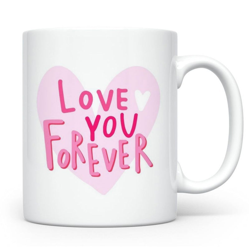 Tailorly White Ceramic 11 oz Mug - Love You Forever Sweet Pink Background With Decorative White Symbols And Artistic Script Heart