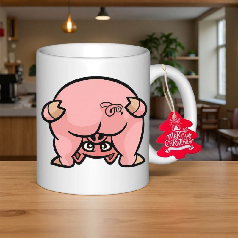 Tailorly White Ceramic 11 oz Mug - Merry Christmas Cute Pink Cartoon Character Peeking Through Its Back Legs With Curly Tail Pig