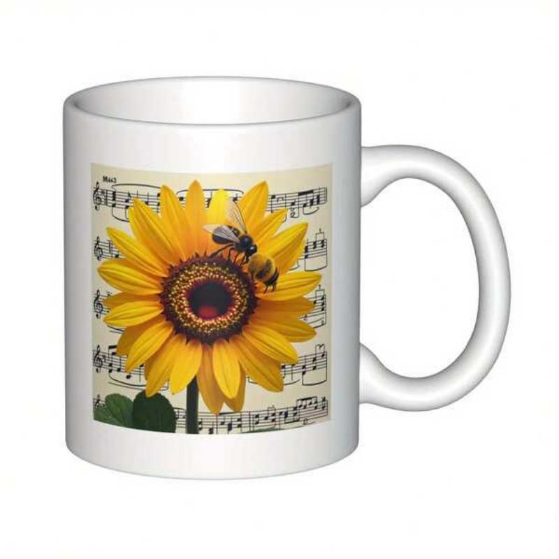 Tailorly White Ceramic 11 oz Mug - Vibrant Yellow Petals With A Honeybee Resting Over Musical Score Sunflower
