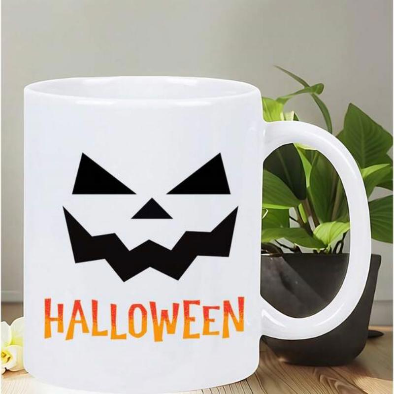 Tailorly White Ceramic 11 oz Mug - Halloween Spooky Carved Pumpkin Face With Jagged Teeth And Triangular Eyes Face
