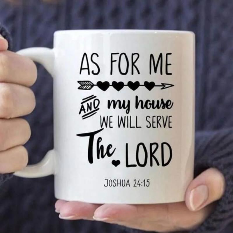 Tailorly White Ceramic 11 oz Mug - As For Me And My House We Will Serve The Lord Joshua 24 15 Minimalist Black Ink With Small Decorative Hearts Typography Arrow
