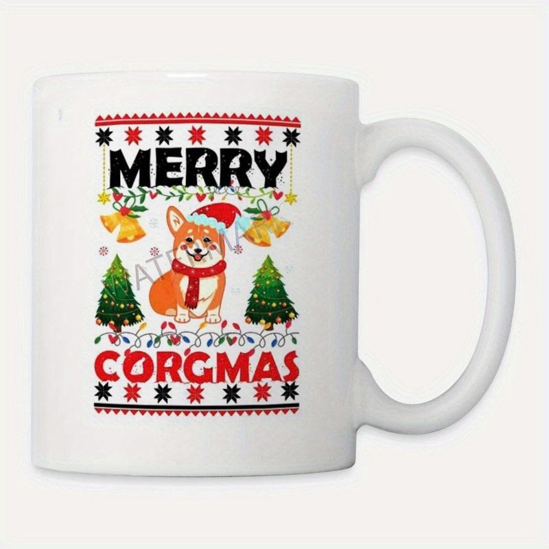 Tailorly White Ceramic 11 oz Mug - Merry Corgmas Festive Cartoon Dog Wearing Red Santa Hat Among Evergreen Christmas Trees Corgi