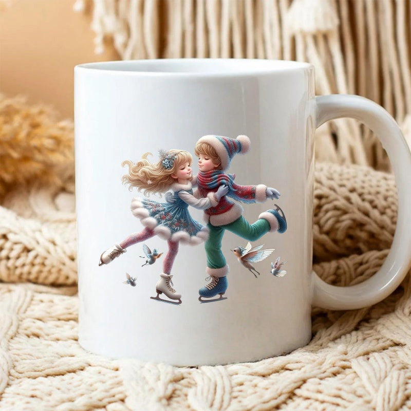Tailorly White Ceramic 11 oz Mug - Joyful Young Children Ice Skating Together In Winter Attire With Birds Scene