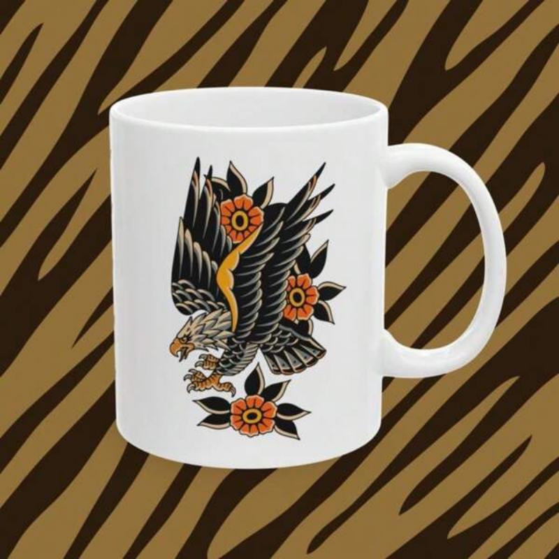 Tailorly White Ceramic 11 oz Mug - Majestic Bald Eagle With Wings Spread Among Traditional Style Floral Blossoms Eagle