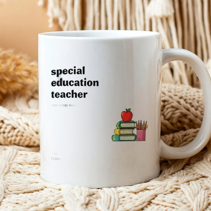 Tailorly White Ceramic 11 oz Mug - Special Education Teacher Colorful Stacked Books With Red Apple And Classroom Pencils Books