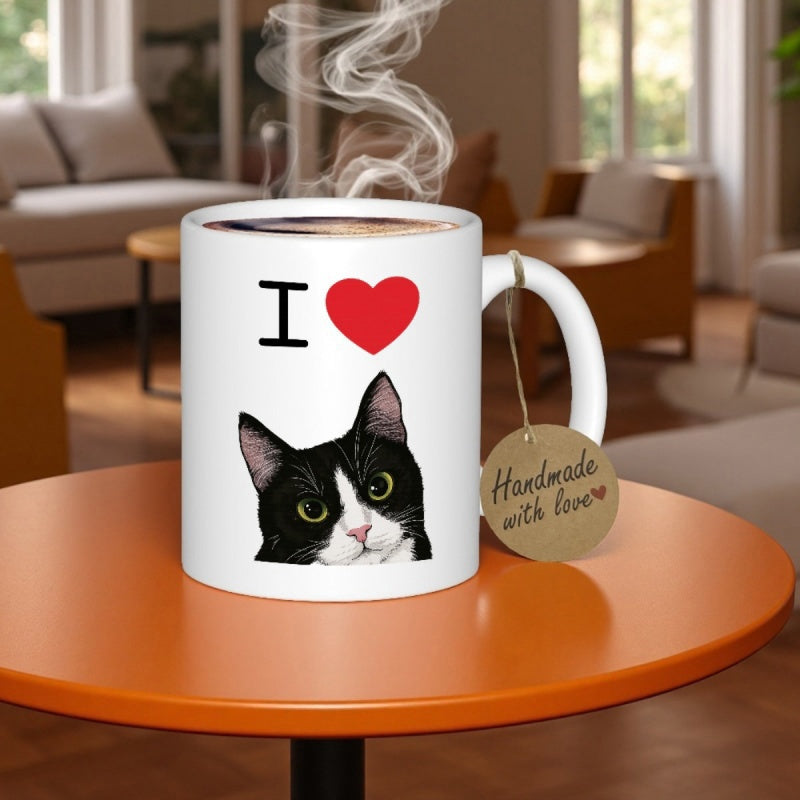 Tailorly White Ceramic 11 oz Mug - Handmade With Love I Realistic Black And White Tuxedo Cat With Curious Large Green Eyes Cat