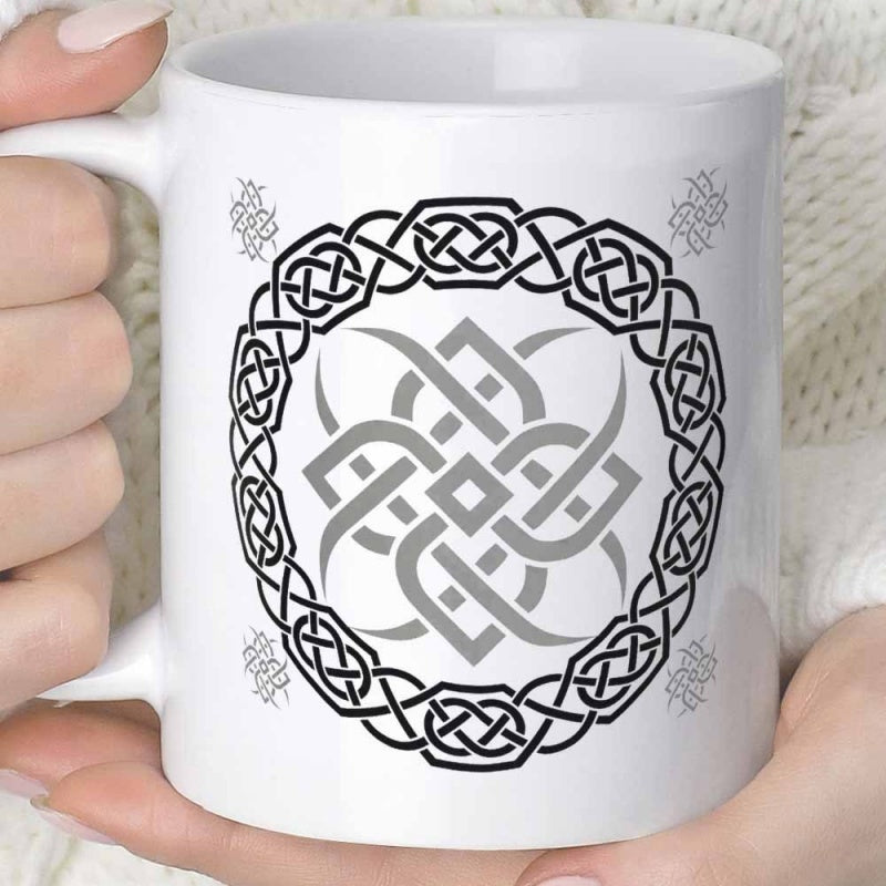 Tailorly White Ceramic 11 oz Mug - Complex Interlocking Geometric Lines Arranged In A Circular Tribal Symmetrical Mandala Knot