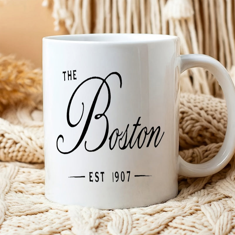 Tailorly White Ceramic 11 oz Mug - The Boston Est 1907 Elegant Cursive Typography Featuring Historic City Name In Classic Minimalist Sign