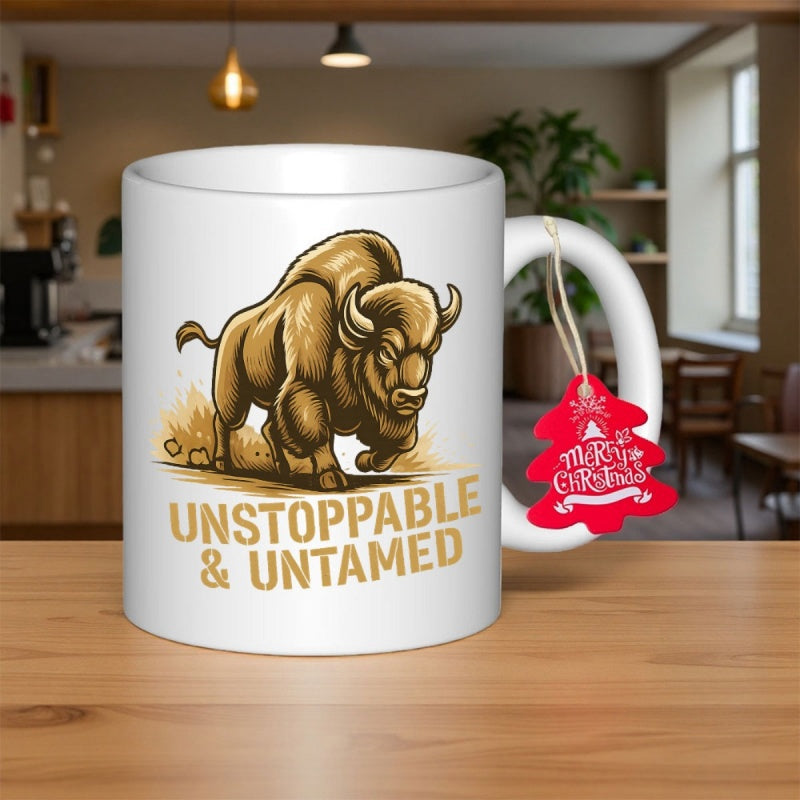 Tailorly White Ceramic 11 oz Mug - Unstoppable Untamed Powerful Muscular Charging Golden Animal Running Through Dusty Rugged Terrain Bison