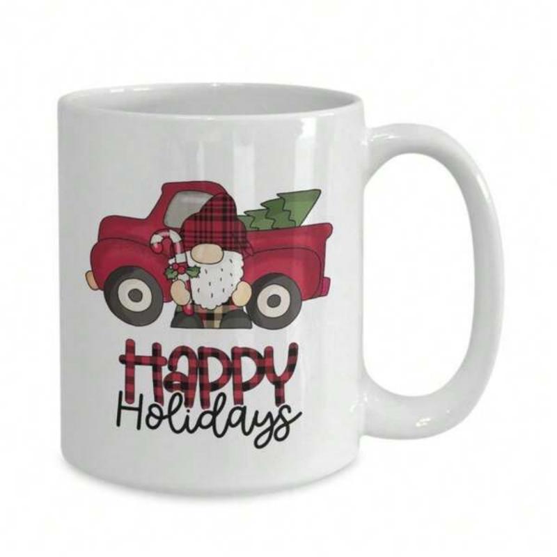 Tailorly White Ceramic 11 oz Mug - Happy Holidays Vintage Red Pickup Truck Carrying Evergreen Tree Beside Festive Plaid Gnome Truck