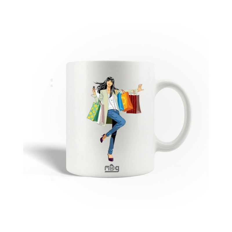 Tailorly White Ceramic 11 oz Mug - Mug Fashionable Woman Carrying Many Colorful Shopping Bags Walking With Graceful Poise Lady
