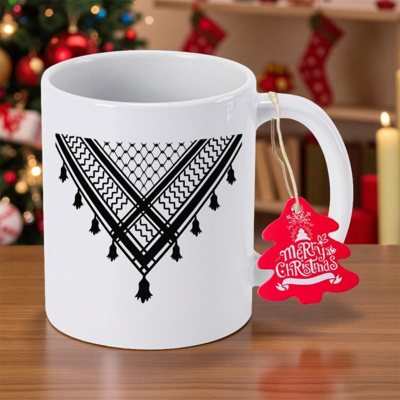 Tailorly White Ceramic 11 oz Mug - Merry Christmas Traditional Black And White Geometric Cultural Scarf Pattern Printed On Ceramic Mug