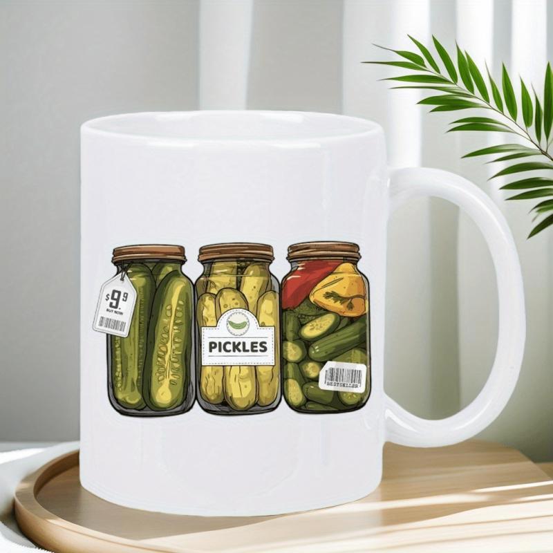 Tailorly White Ceramic 11 oz Mug - Pickles Three Glass Jars Filled With Green Brined Preserved Vegetables Pickle