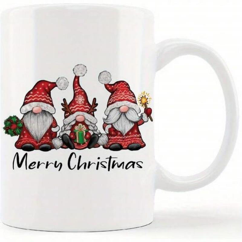 Tailorly White Ceramic 11 oz Mug - Merry Christmas Three Whimsical Red Holiday Figures Sitting Together In Festive Winter Attire Gnomes