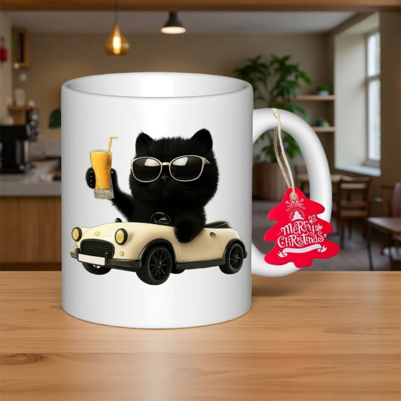 Tailorly White Ceramic 11 oz Mug - Merry Christmas Cool Black Cat Wearing Sunglasses Driving A Vintage Style Cream Car Cat