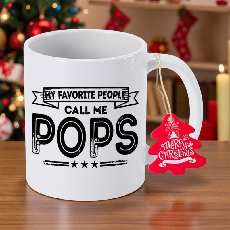 Tailorly White Ceramic 11 oz Mug - My Favorite People Call Me Pops Decorative Bold Lettering Surrounded By Minimalist Banners And Elegant Tiny Stars Sign