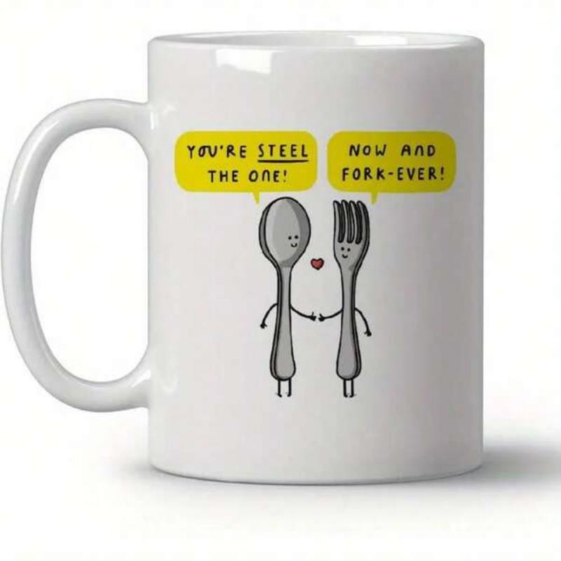 Tailorly White Ceramic 11 oz Mug - Youre Steel The One Now And Fork Ever Smiling Cartoon Spoon And Fork Holding Hands Under Yellow Bubbles Cutlery