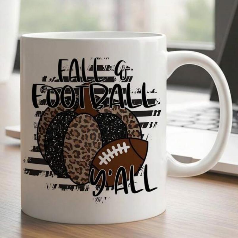 Tailorly White Ceramic 11 oz Mug - Fall And Football Yall Decorative Leopard Print Design Beside A Classic Brown Leather Football Pumpkin