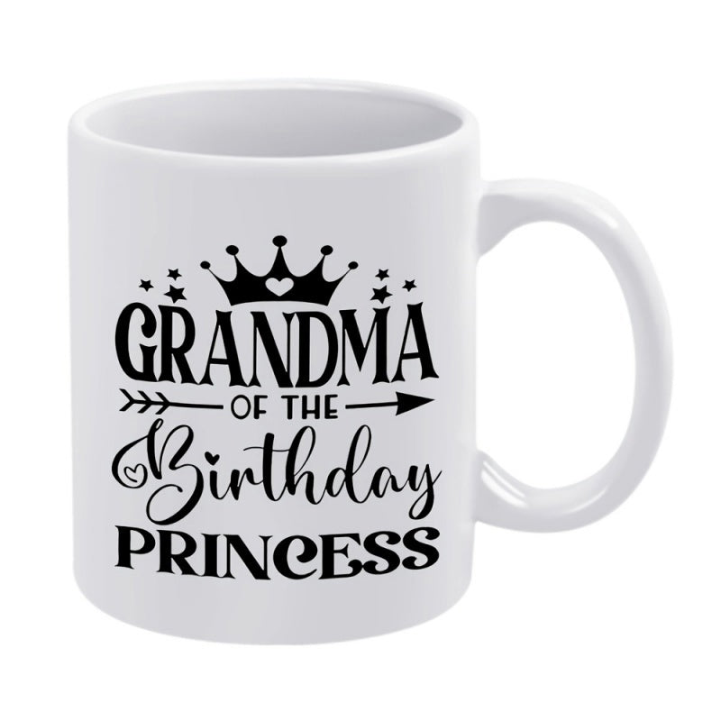 Tailorly White Ceramic 11 oz Mug - Grandma Of The Birthday Princess Elegant Crown With Stars And Heart Above A Decorative Arrow Mug