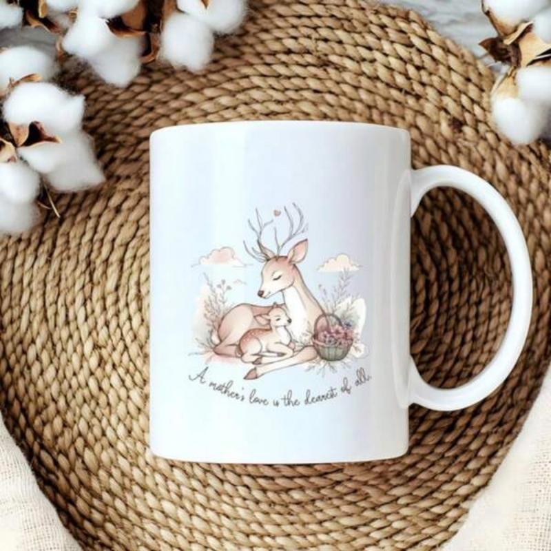 Tailorly White Ceramic 11 oz Mug - A Mothers Love Is The Heart Of Life Peaceful Graceful Mother Deer Resting With Small Fawn Among Nature Deer