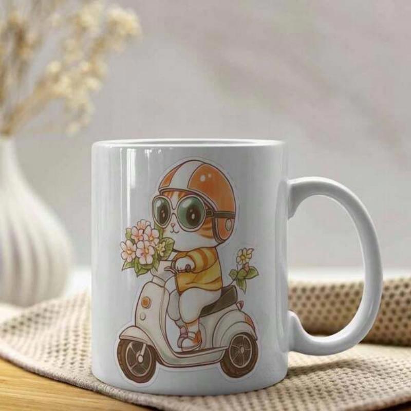 Tailorly White Ceramic 11 oz Mug - Adorable Little Kitten Wearing Orange Helmet Riding White Scooter Carrying Flowers Cat