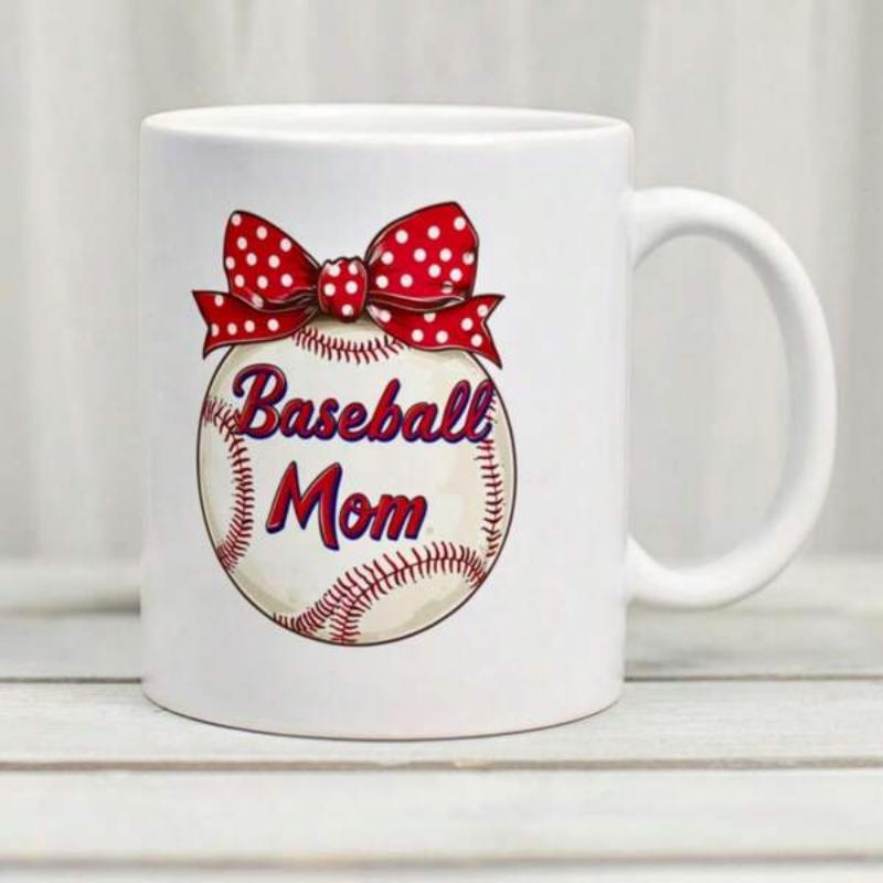 Tailorly White Ceramic 11 oz Mug - Baseball Mom Classic Textured Sporting Sphere Adorned With Polka Dot Ribbon Bow Baseball