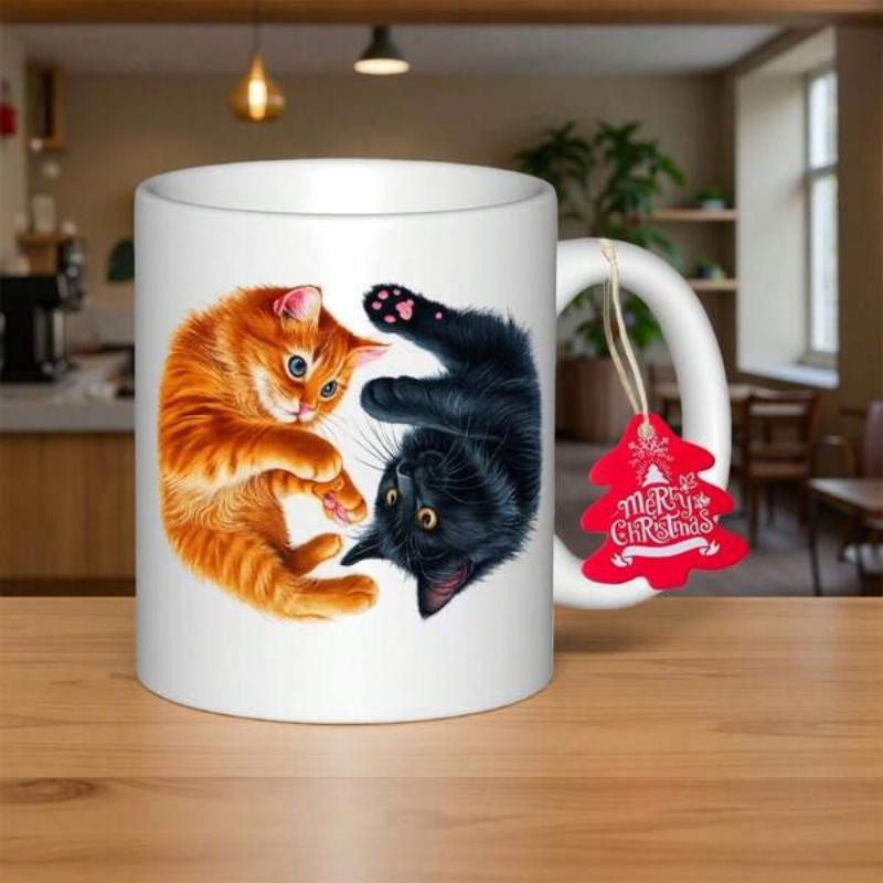 Tailorly White Ceramic 11 oz Mug - Playful Ginger And Black Felines Forming A Circular Yin Yang Style Cat