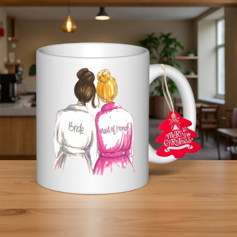 Tailorly White Ceramic 11 oz Mug - Bride Maid Of Honor Merry Christmas Elegant Hand Drawn Illustration Of Best Friends Wearing Silk Robes Friends