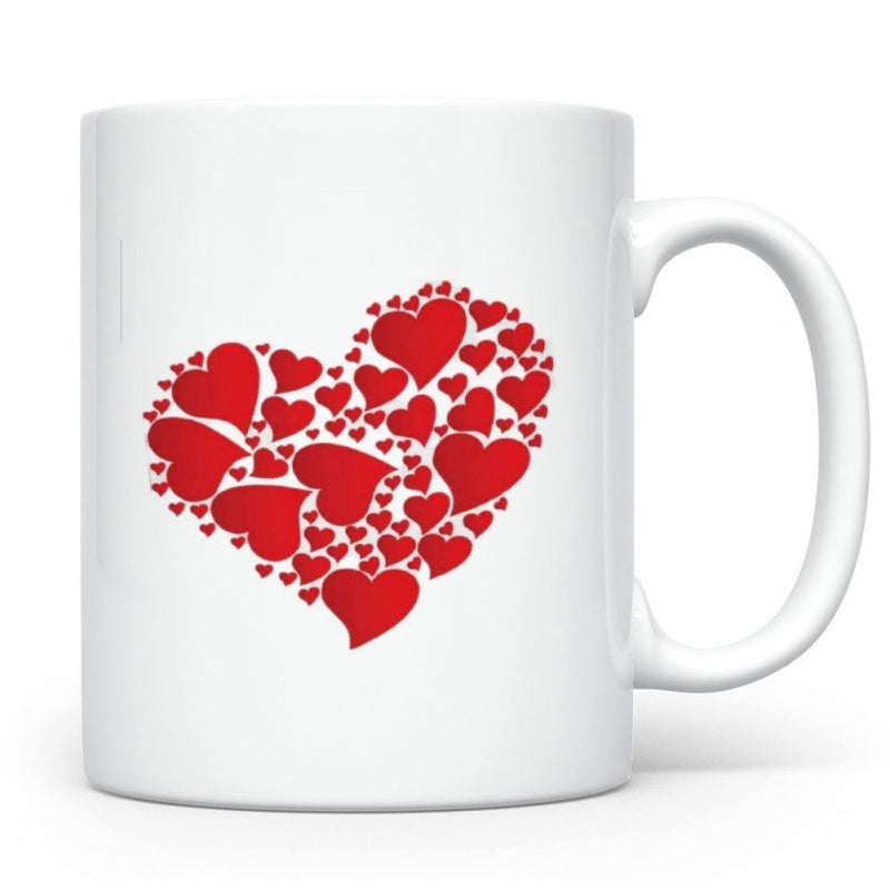 Tailorly White Ceramic 11 oz Mug - Vibrant Red Hearts Clustered Together Forming A Large Symbolic Heart