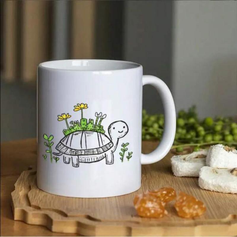 Tailorly White Ceramic 11 oz Mug - Minimalist Hand Drawn Smiling Creature With Blooming Garden On Its Shell Turtle