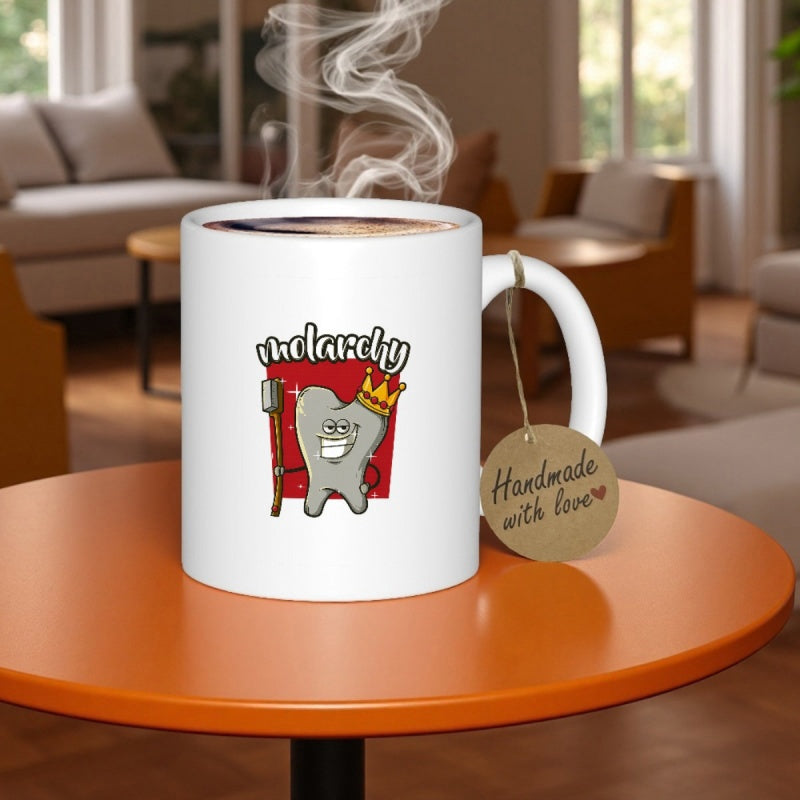 Tailorly White Ceramic 11 oz Mug - Molarchy Smiling Cartoon Character Wearing Golden Crown Holding A Large Mallet Tooth