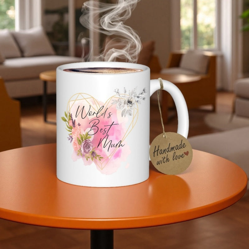 Tailorly White Ceramic 11 oz Mug - Worlds Best Mum Soft Watercolor Pink Surrounded By Elegant Floral Elements Heart