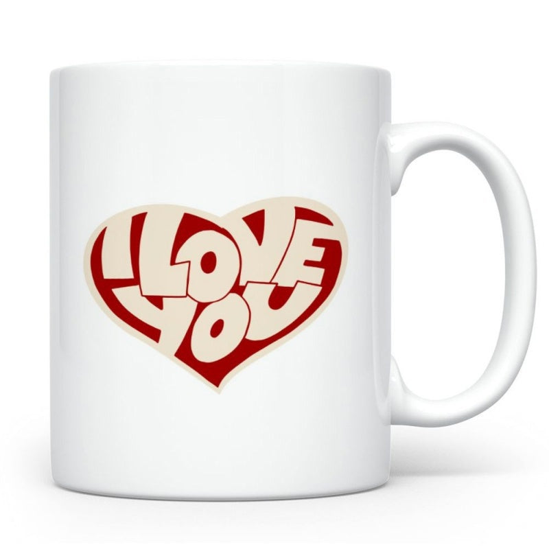 Tailorly White Ceramic 11 oz Mug - I Love You Retro Style Graphic With Bold Creamy Letters And Vibrant Red Heart