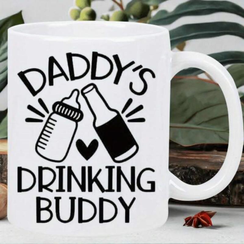 Tailorly White Ceramic 11 oz Mug - Daddys Drinking Buddy Minimalist Black Ink Baby Bottle And Beer Bottle Clinking Together Heart Mug