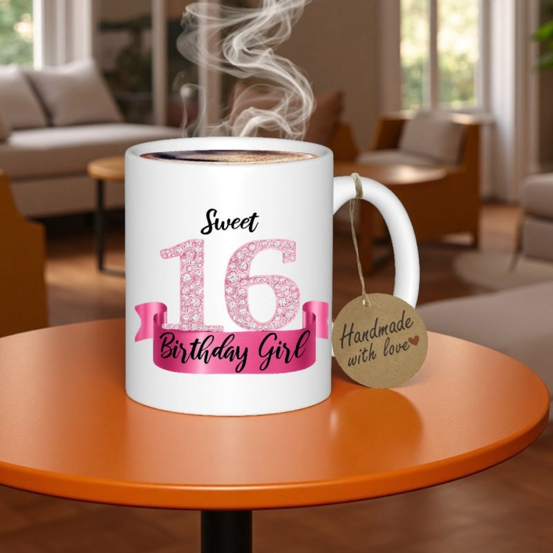 Tailorly White Ceramic 11 oz Mug - Sweet 16 Birthday Girl Pink Patterned Numbers With Ribbon Banner On